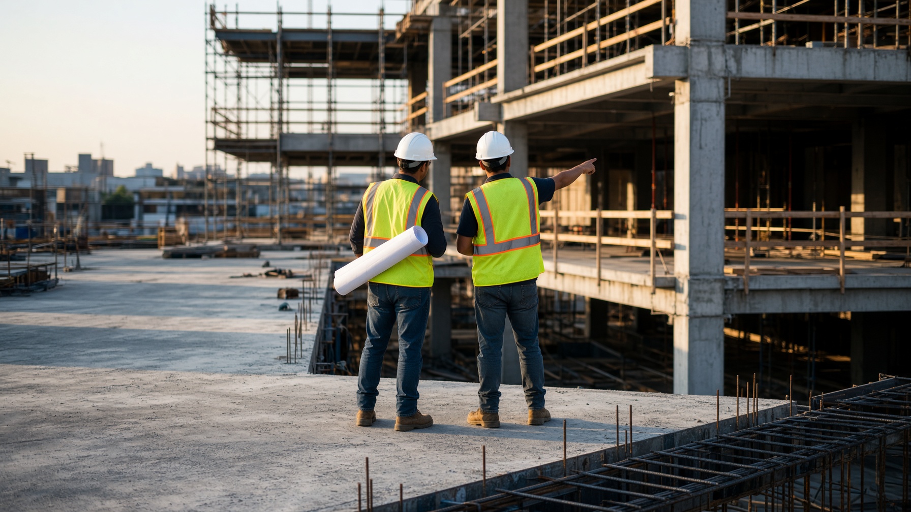 Two builders on a concrete deck, one pointing across the job